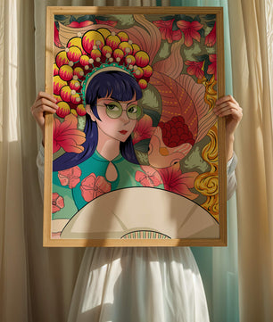 Illustration colorée d’une femme avec une coiffe florale et un fond de poissons