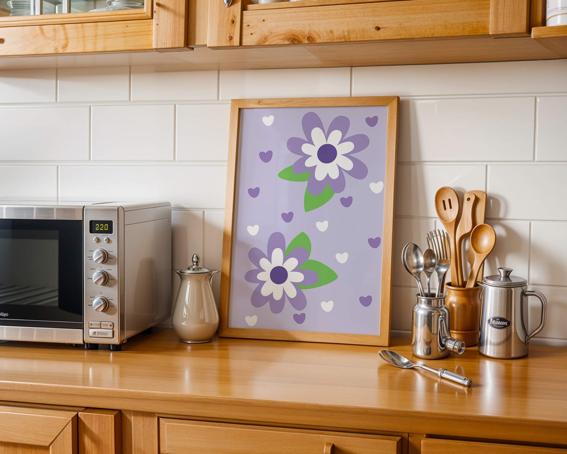 Elegant purple floral pattern with green leaves and heart accents