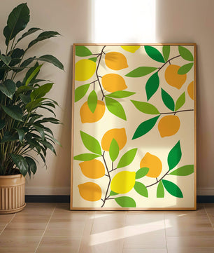 Vibrant lemon pattern with colorful leaves and citrus fruits
