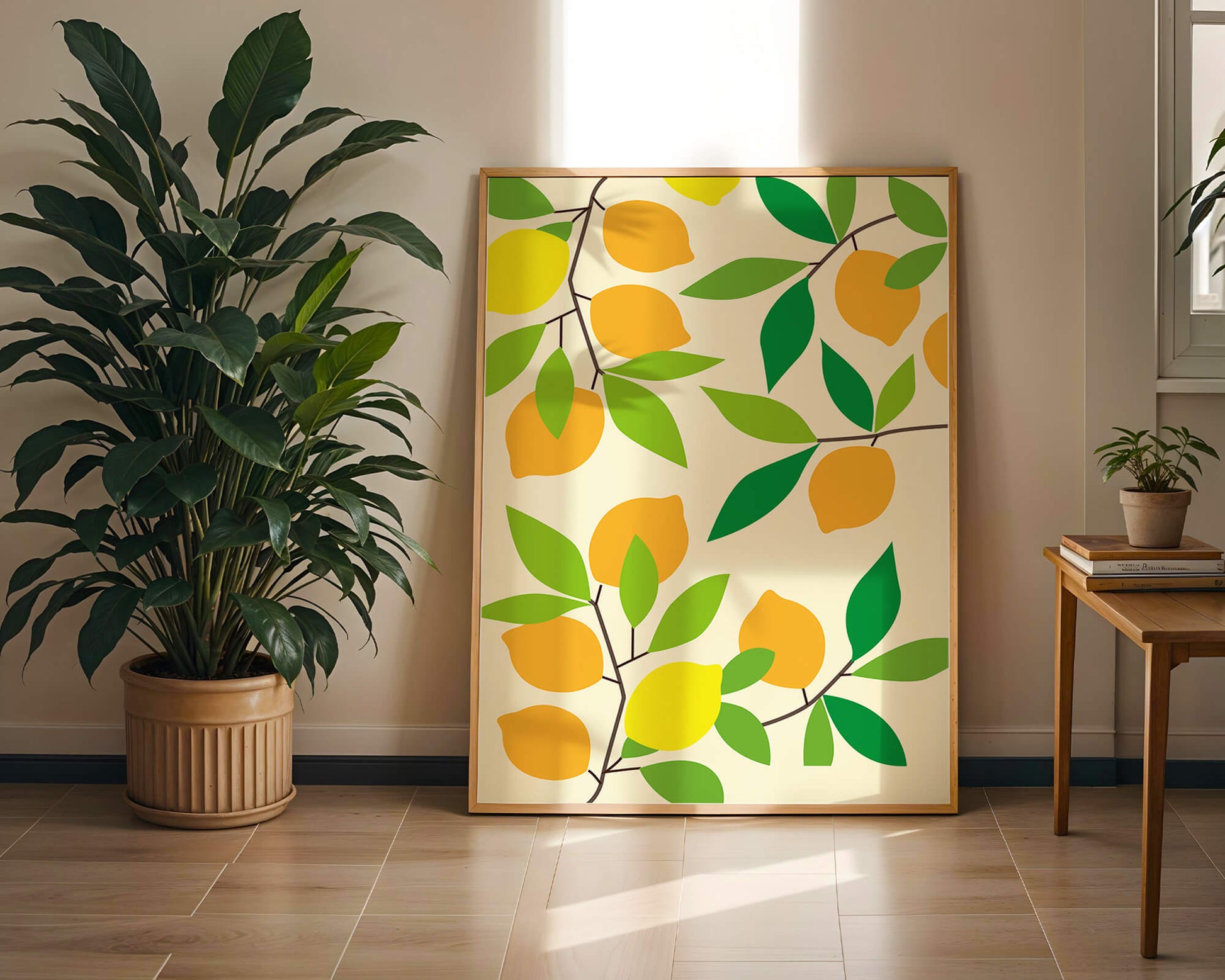 Vibrant lemon pattern with colorful leaves and citrus fruits