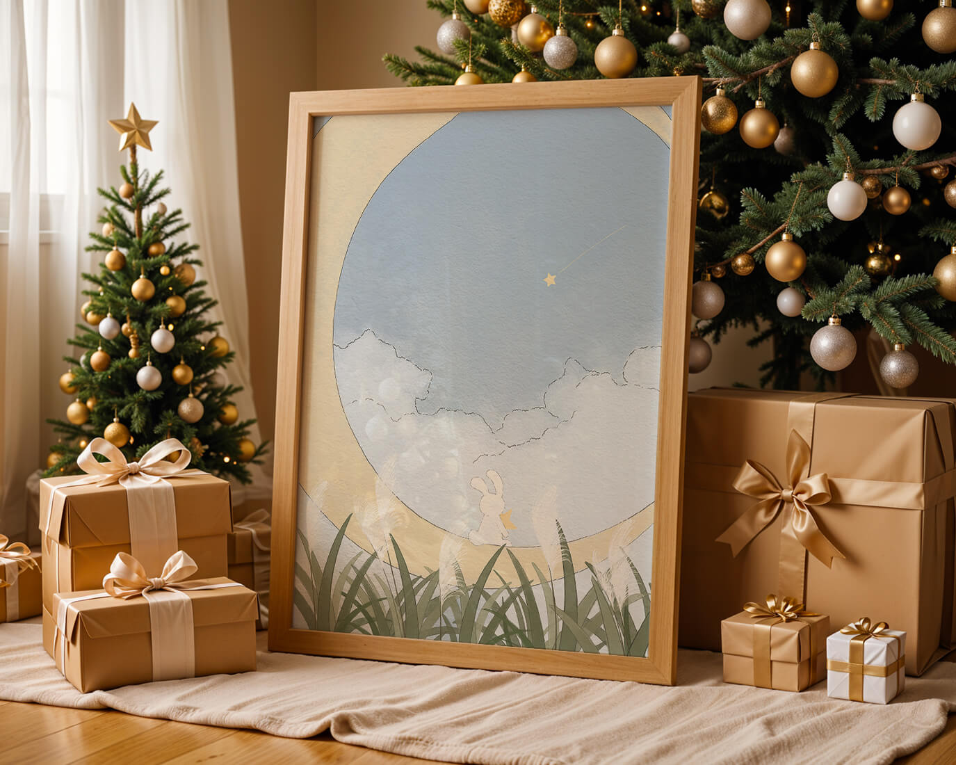 Dreamy Rabbit Sitting on Crescent Moon with Star and Clouds in Sky