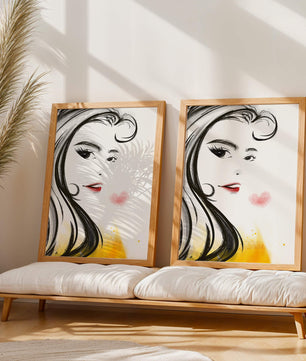 Dibujo de retrato elegante con labios rojos y motivo de corazón