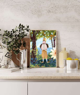 Whimsical Illustration of a Girl in Nature with Golden Hat