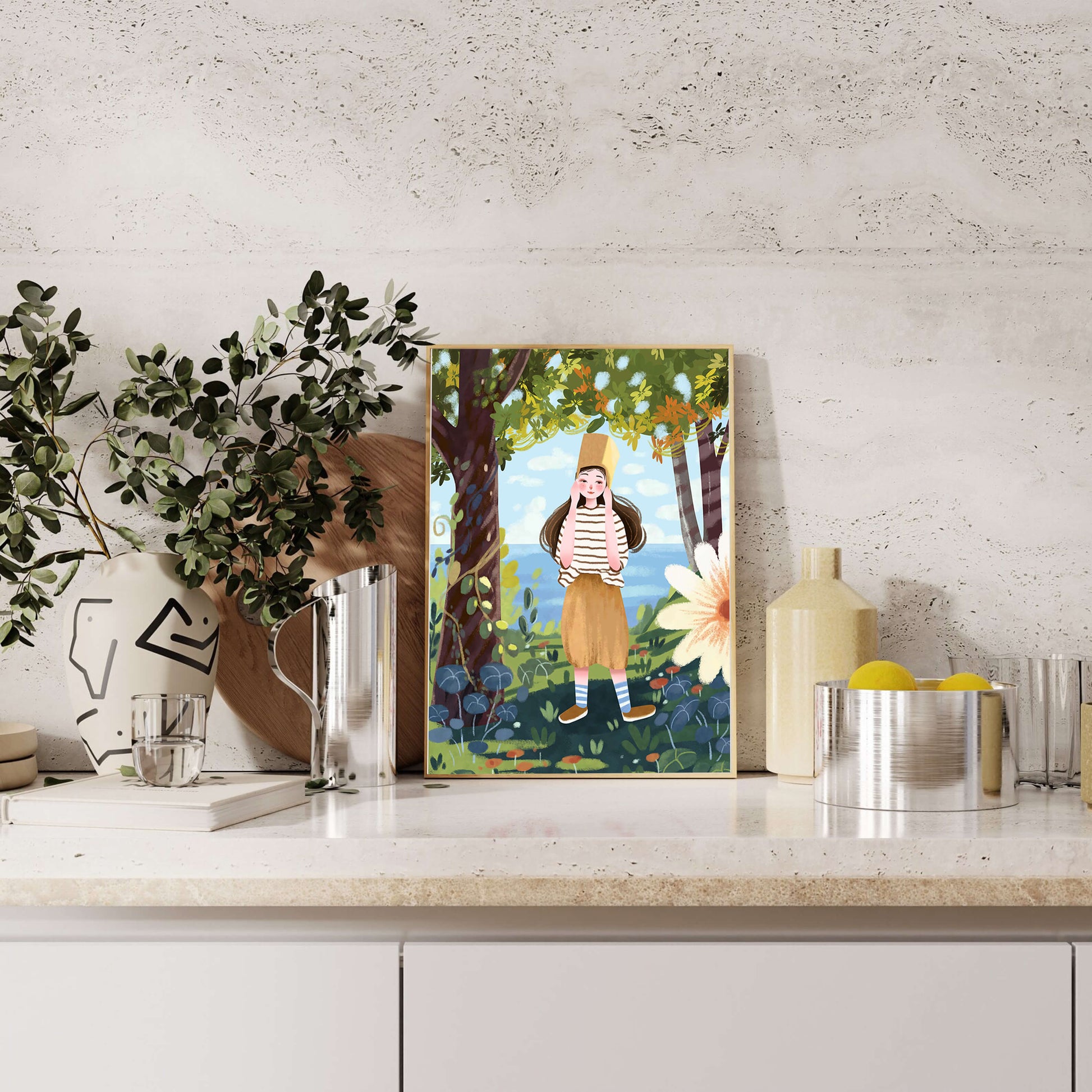 Whimsical Illustration of a Girl in Nature with Golden Hat