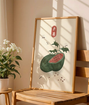 Watermelon With Dragonflies And Asian Script Minimalist Illustration - Mi tienda