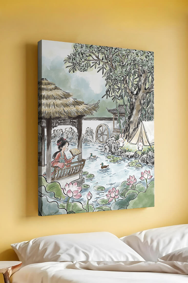 Escena tranquila de jardín con mujer, patos y conejos en un entorno tradicional