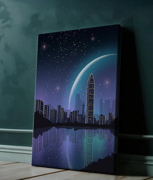 Paisaje urbano futurista bajo un cielo estrellado