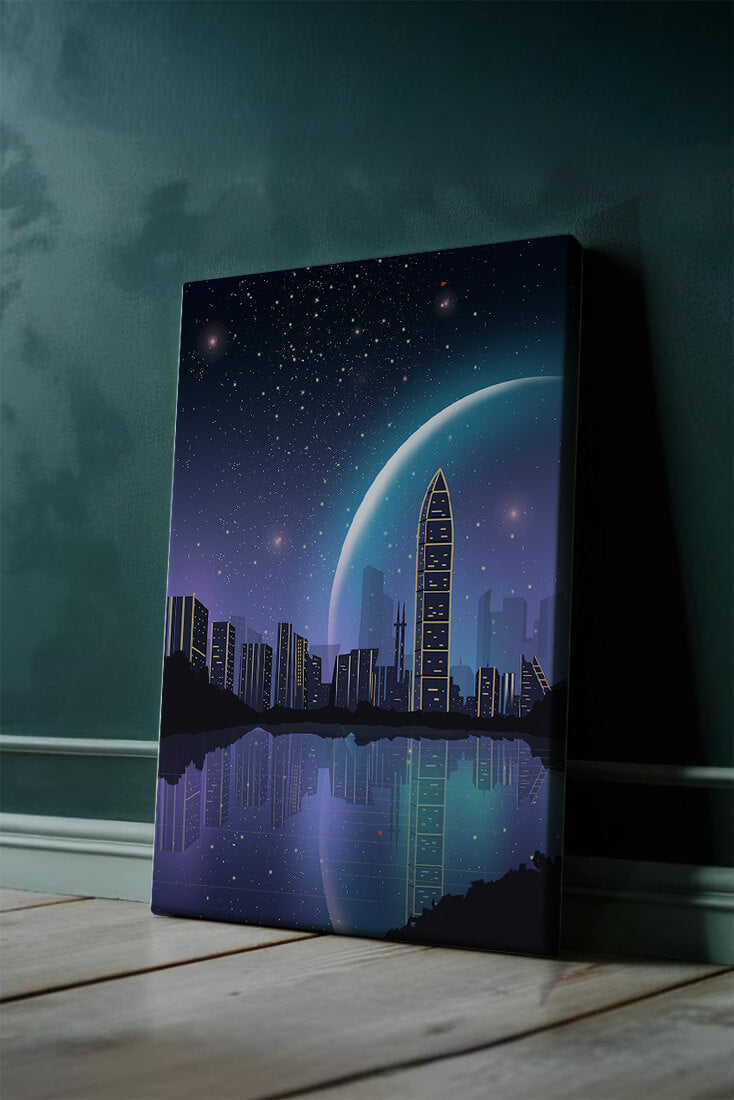 Futuristic cityscape under a starry night sky