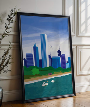 Paisaje urbano moderno con skyline y frente al agua en un estilo vibrante