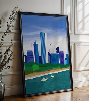 Modern cityscape with skyline and waterfront in a vibrant style