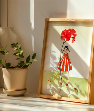 Young girl holding large red flower standing in puddle illustration