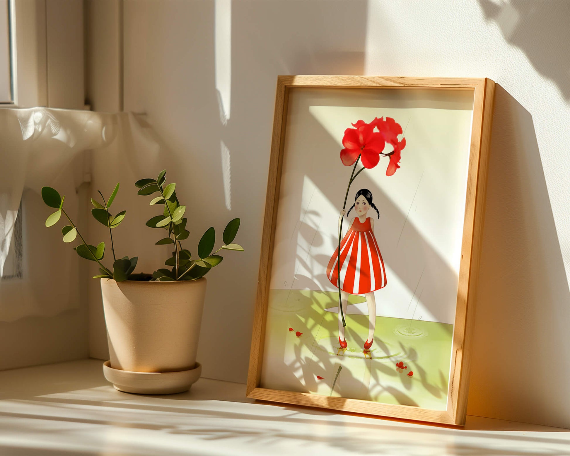 Young girl holding large red flower standing in puddle illustration