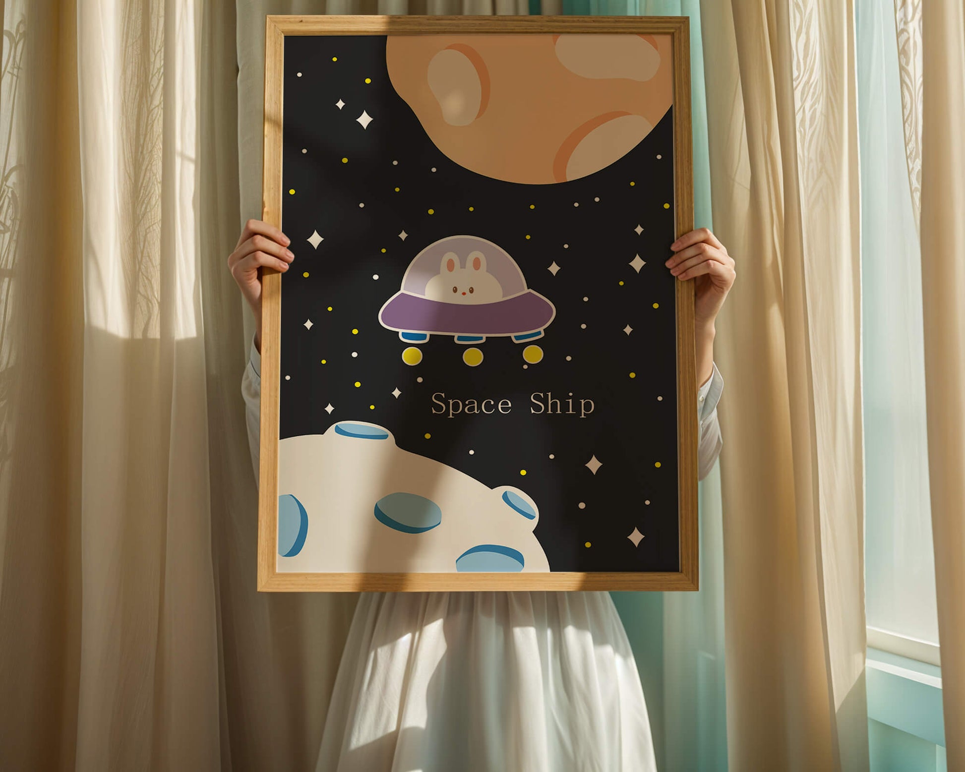 Cute bunny in spaceship with planets and stars in space illustration