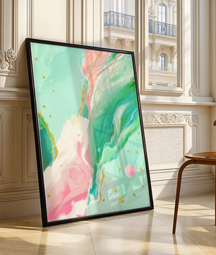 Obra de arte abstracta en pasteles y dorado con patrones fluidos