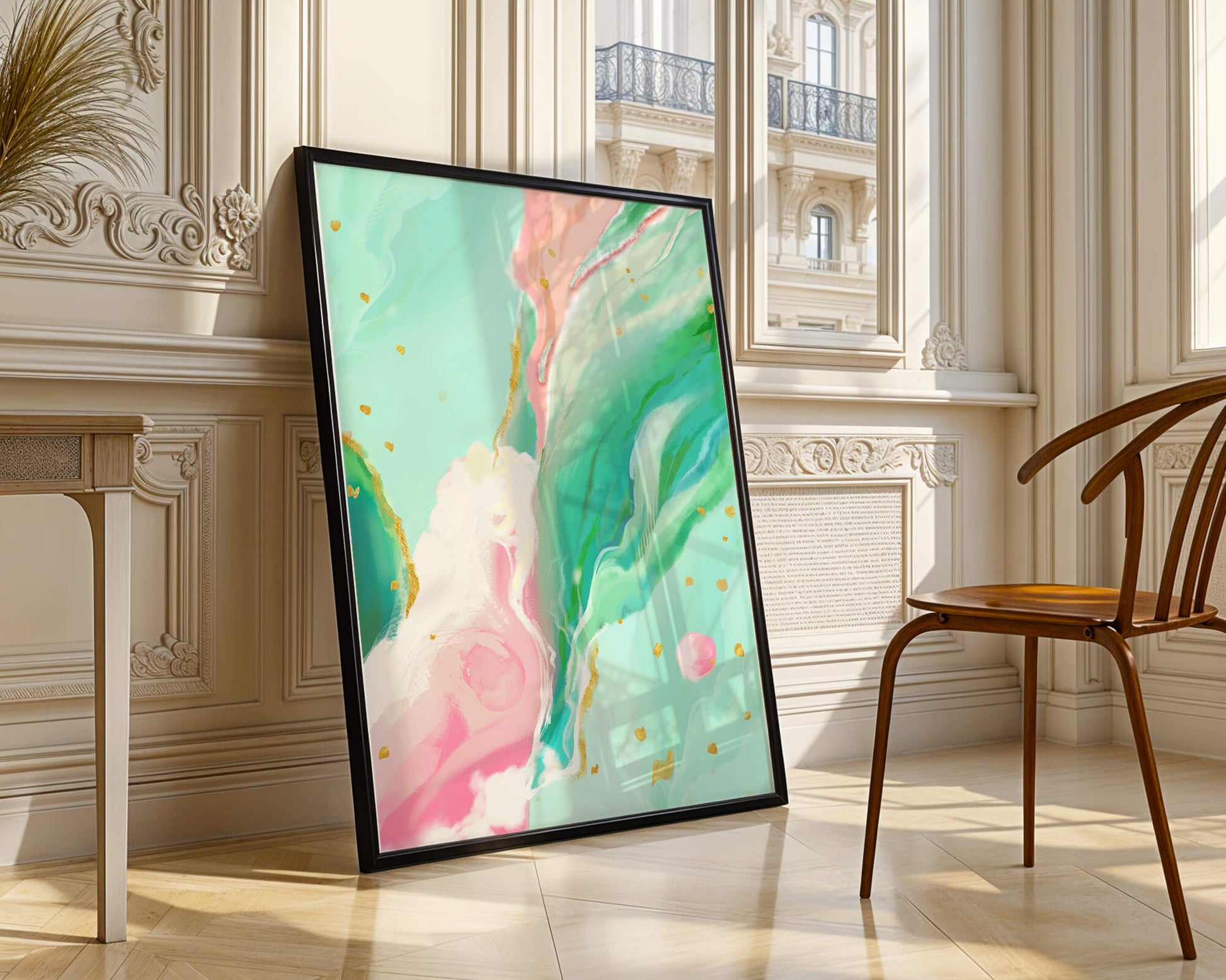 Obra de arte abstracta en pasteles y dorado con patrones fluidos