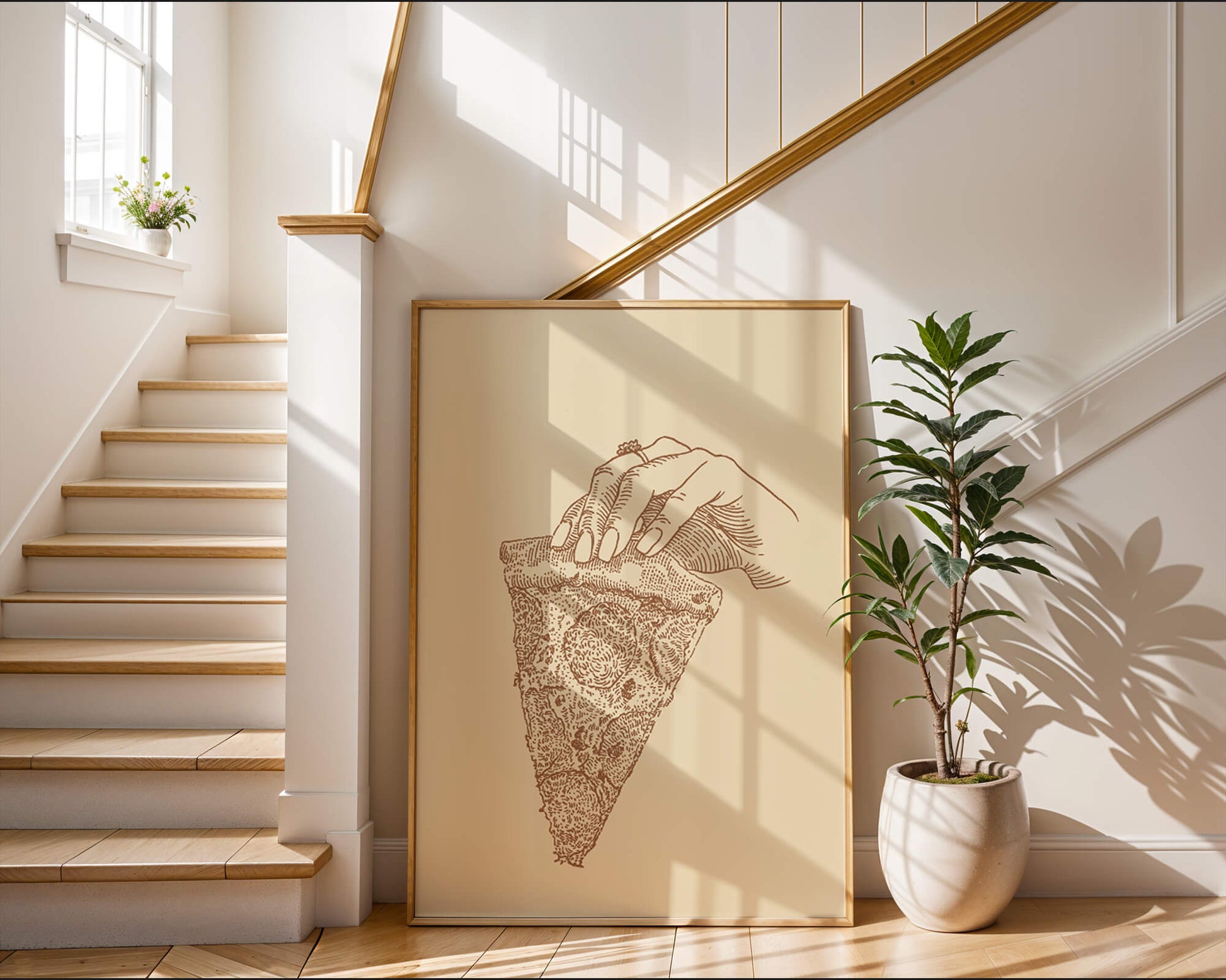 Hand holding a detailed vintage pizza slice illustration