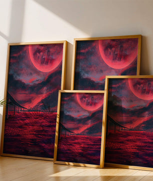 Surreal Scarlet Landscape with Bridge and Celestial Body