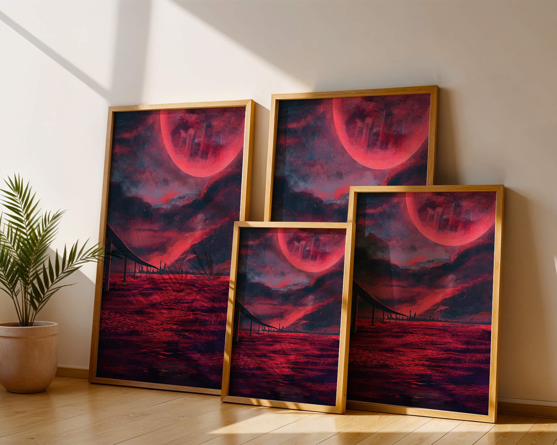 Surreal Scarlet Landscape with Bridge and Celestial Body
