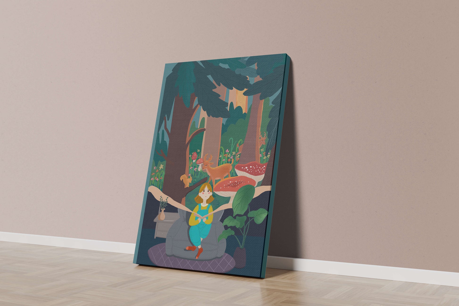 Figura femenina pacífica con criaturas del bosque y vegetación verde exuberante