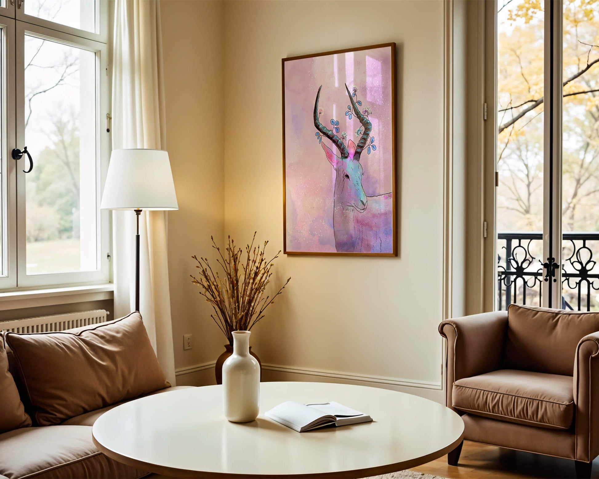 Pastel watercolor illustration of antelope with floral horns
