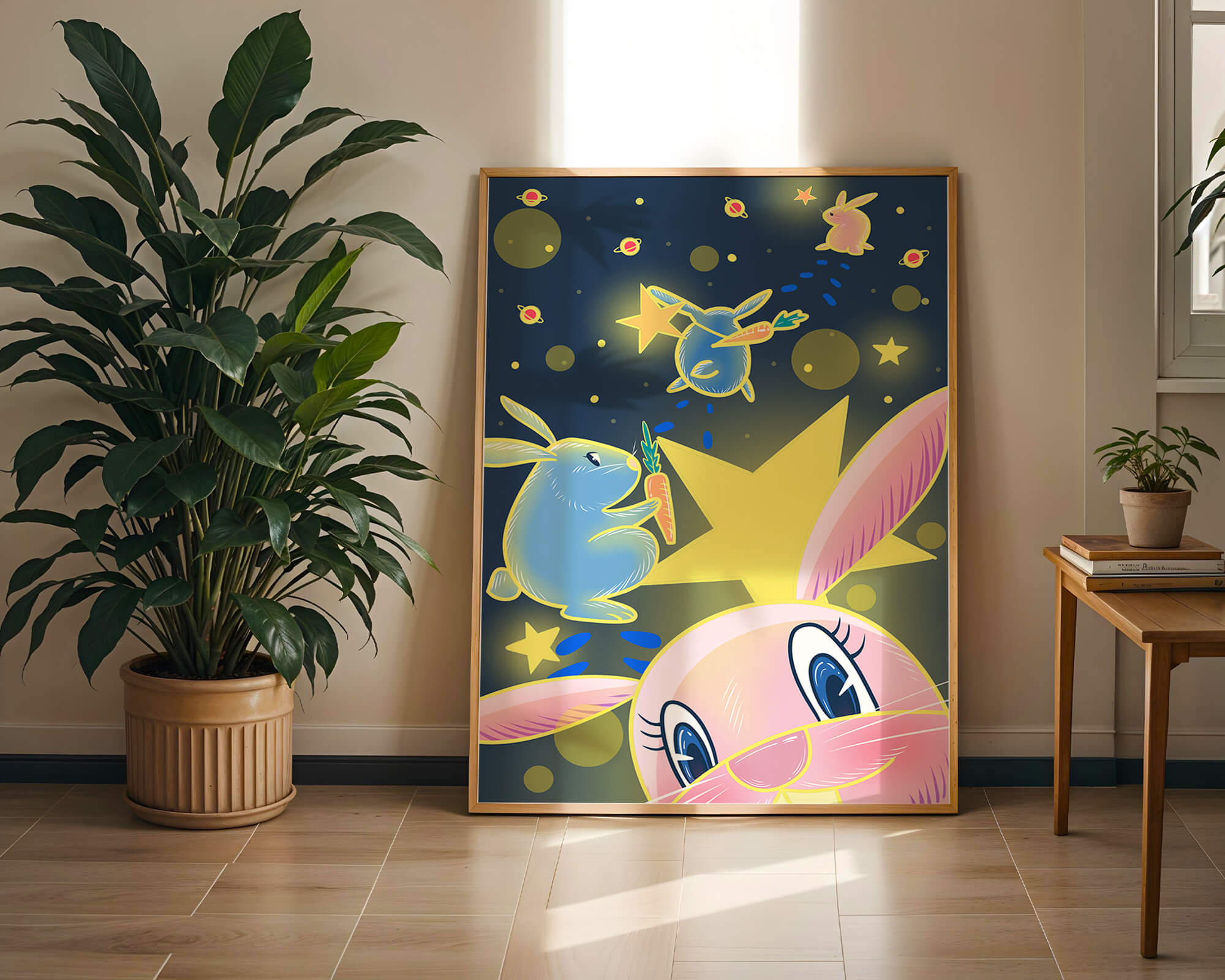 Playful bunnies with carrots and stars in a whimsical space scene