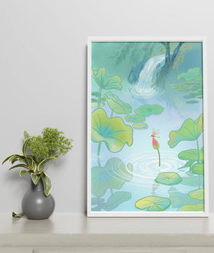 Serene pond scene with lotus leaves and waterfall