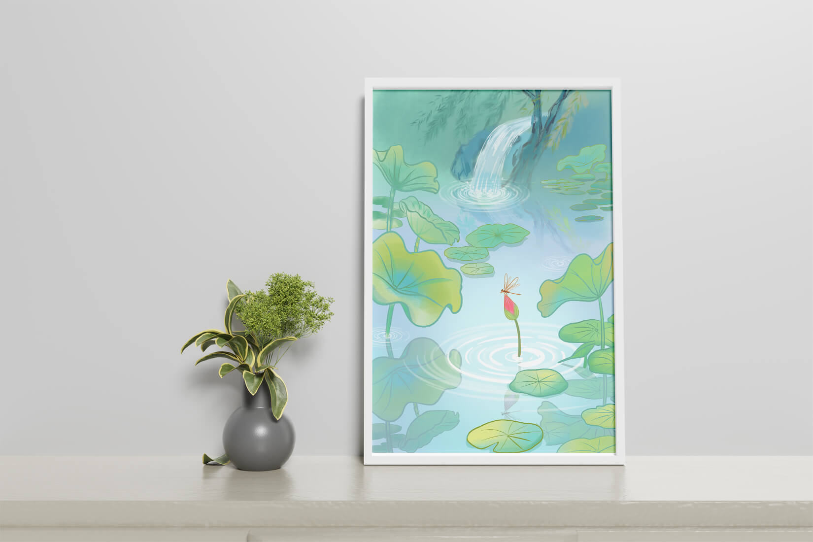 Serene pond scene with lotus leaves and waterfall