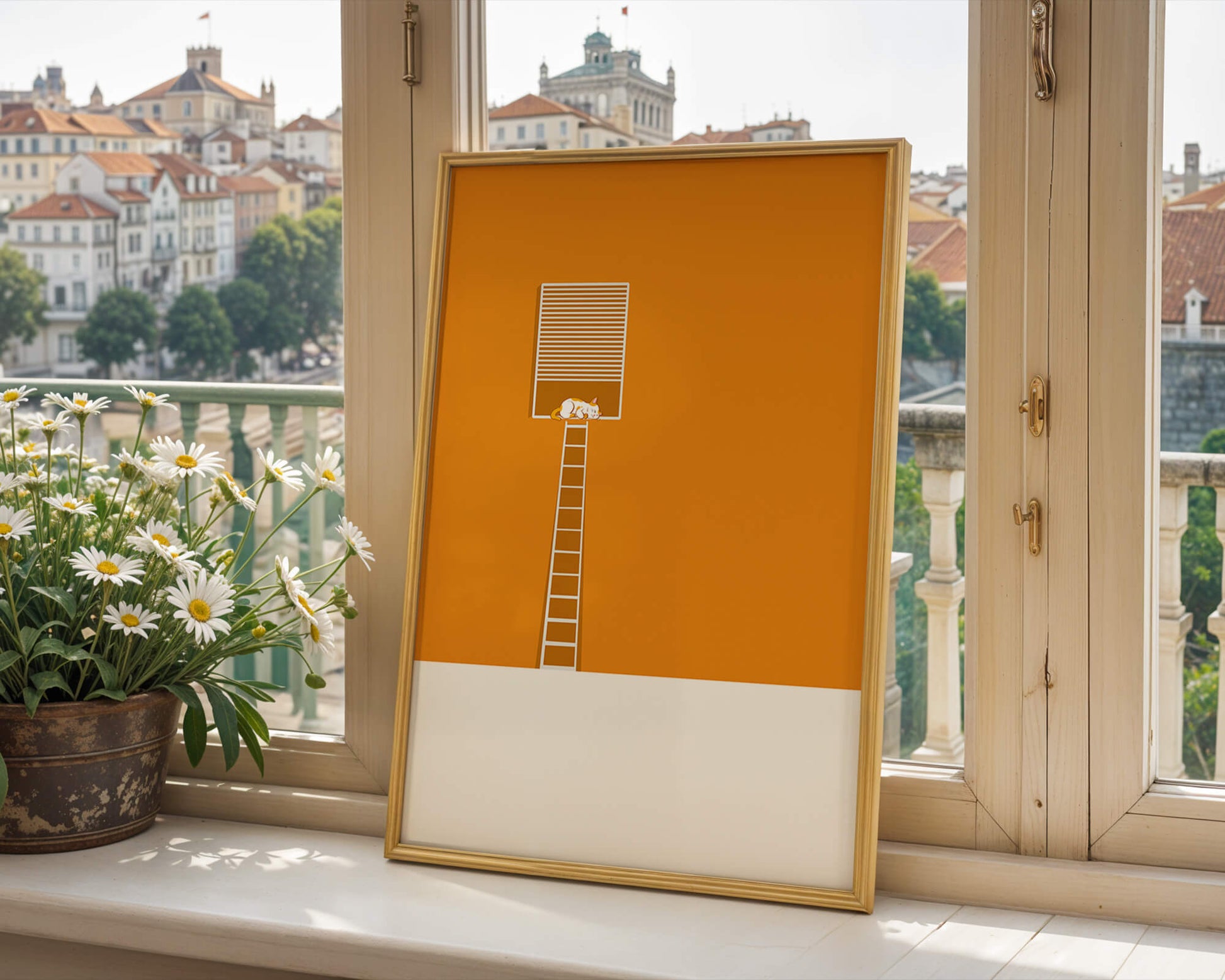 Cat Sleeping on Elevated Platform Against Orange Background