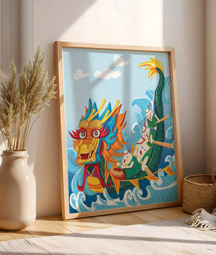 Ilustración vibrante de un dragón en un bote con remeros animados