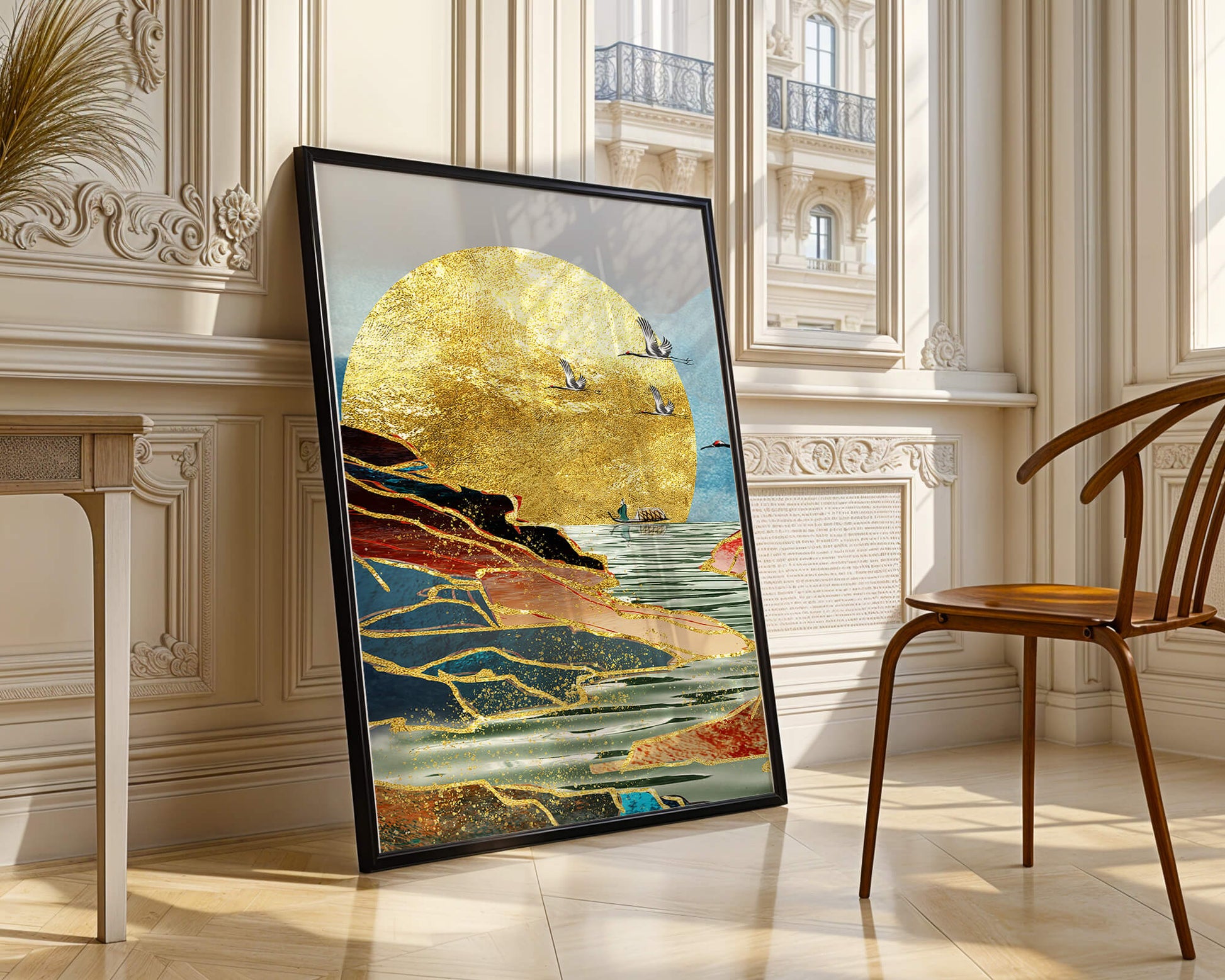 Majestic Golden Sun with Birds over Serene Landscape
