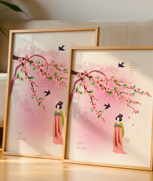 Art chinois traditionnel avec des fleurs de cerisier et une silhouette élégante