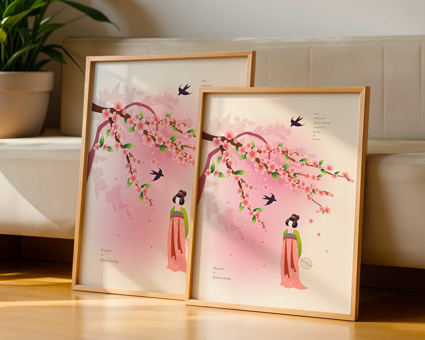 Traditional Chinese art with cherry blossoms and elegant figure