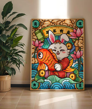 Festive rabbit holding golden fish with lotus flowers and waves in a traditional design