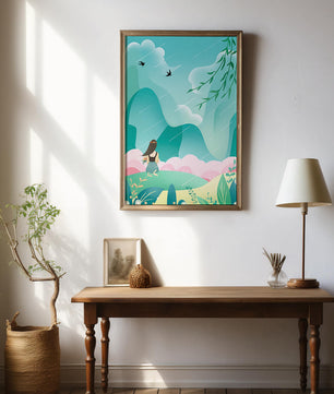 Peaceful landscape with a girl and nature elements