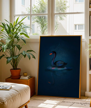 Majestic Black Swan Under Starry Night Sky with Golden Accents - Mi tienda