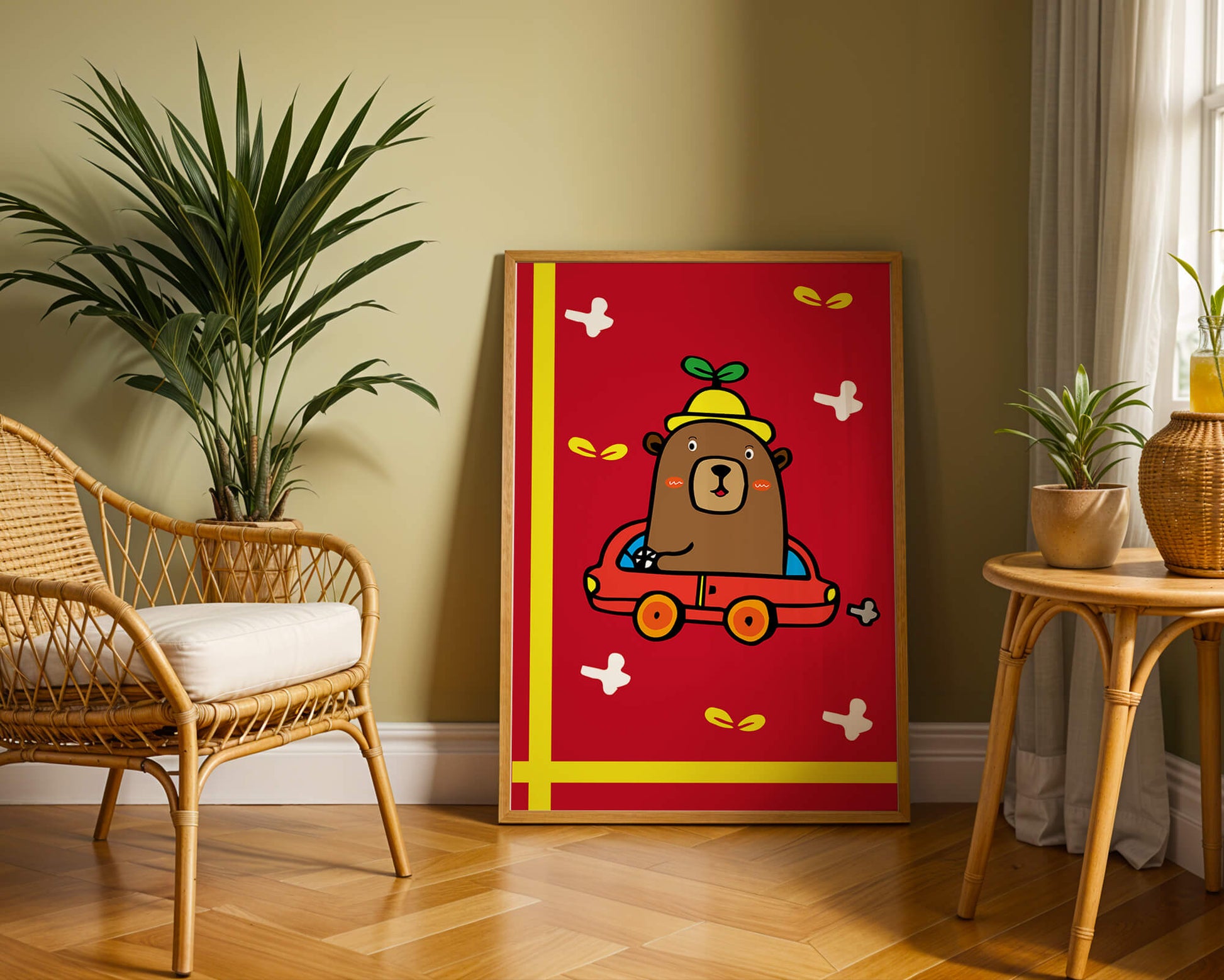 Whimsical bear driving a car on a bright red background