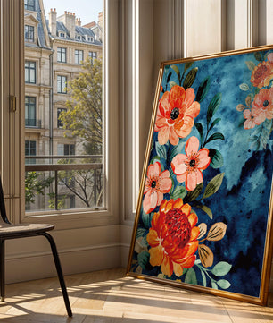 Vibrant floral watercolor design with orange blossoms and blue background