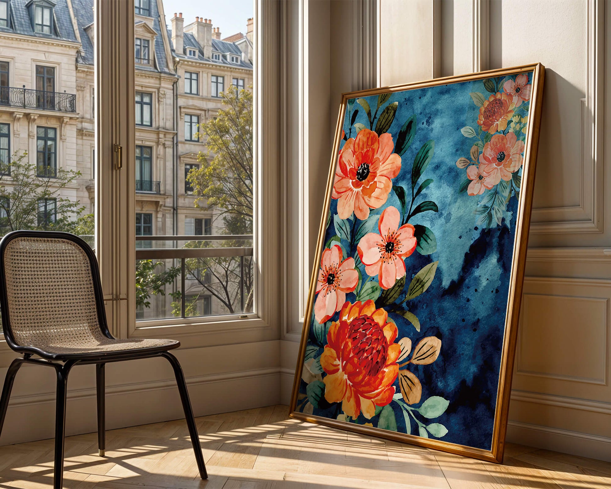 Vibrant floral watercolor design with orange blossoms and blue background