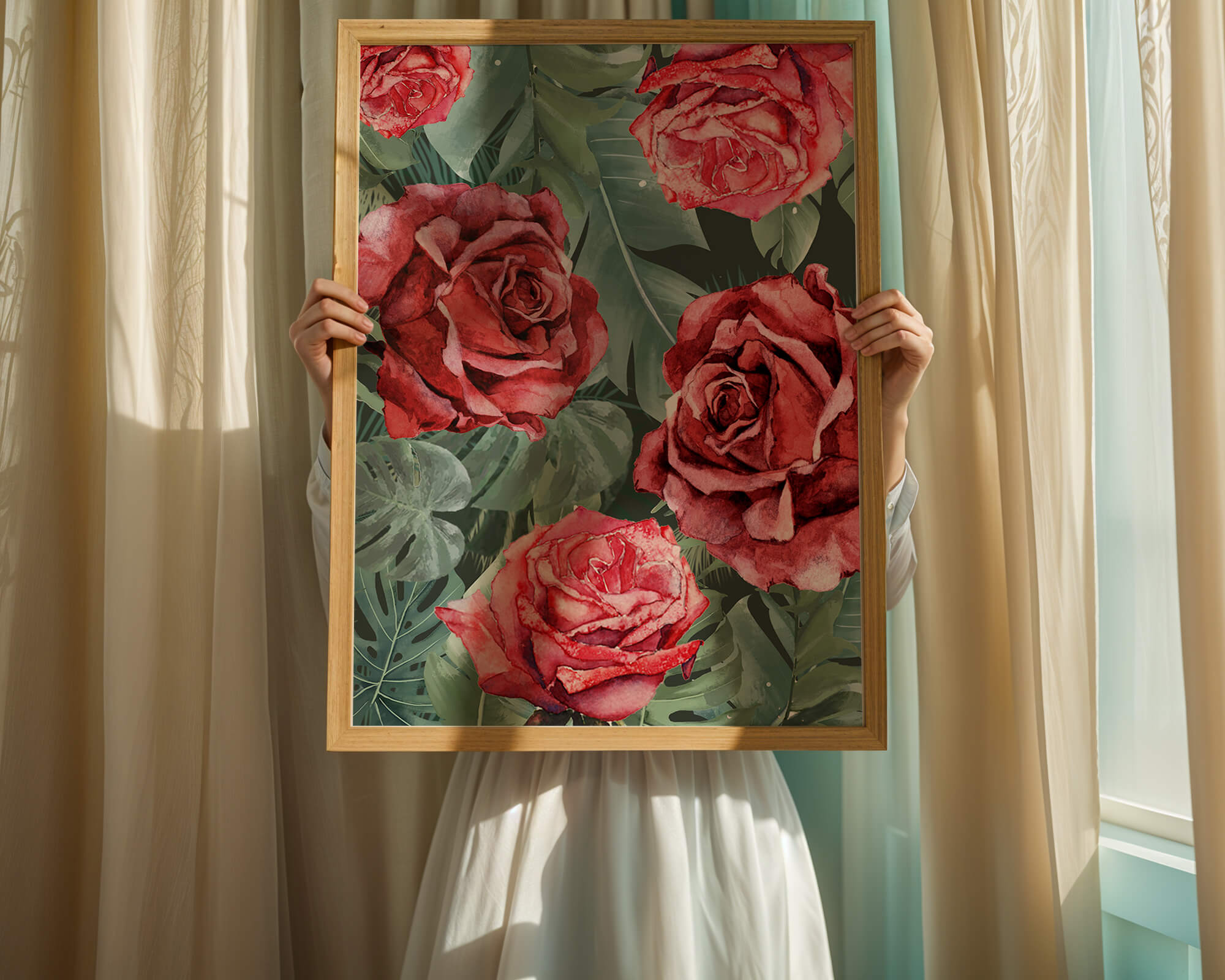 Red roses and green foliage pattern in watercolor style