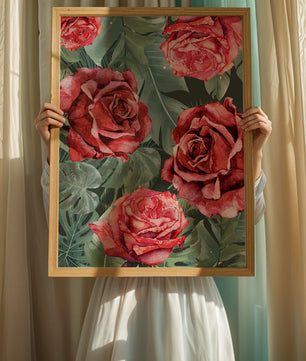 Red roses and green foliage pattern in watercolor style