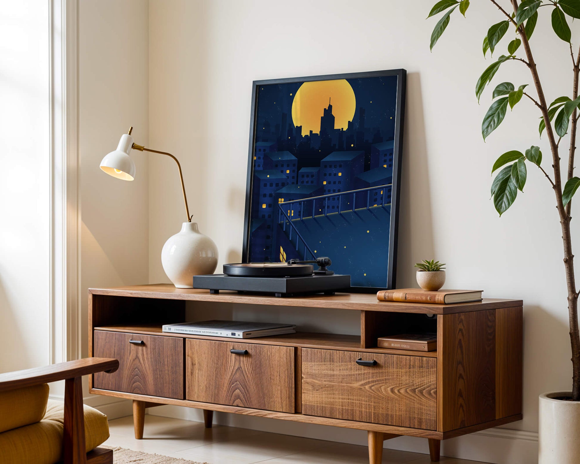 City Rooftop at Night with Illuminated Windows and Full Moon