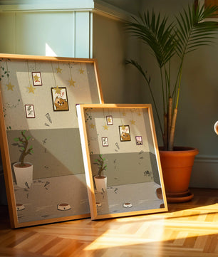 Habitación acogedora con decoraciones de estrellas y obra de arte de gatos