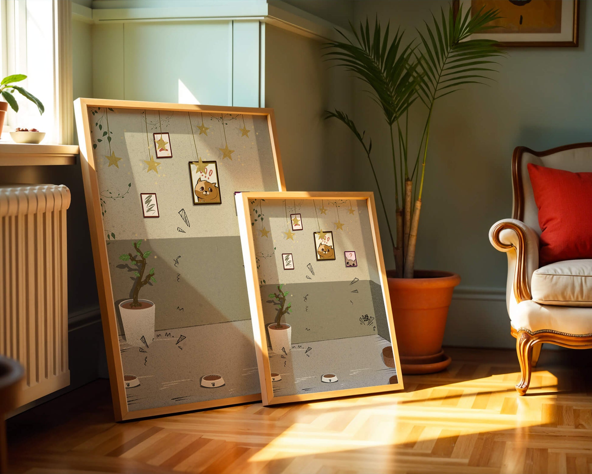 Cozy Room with Star Decorations and Cat Artwork