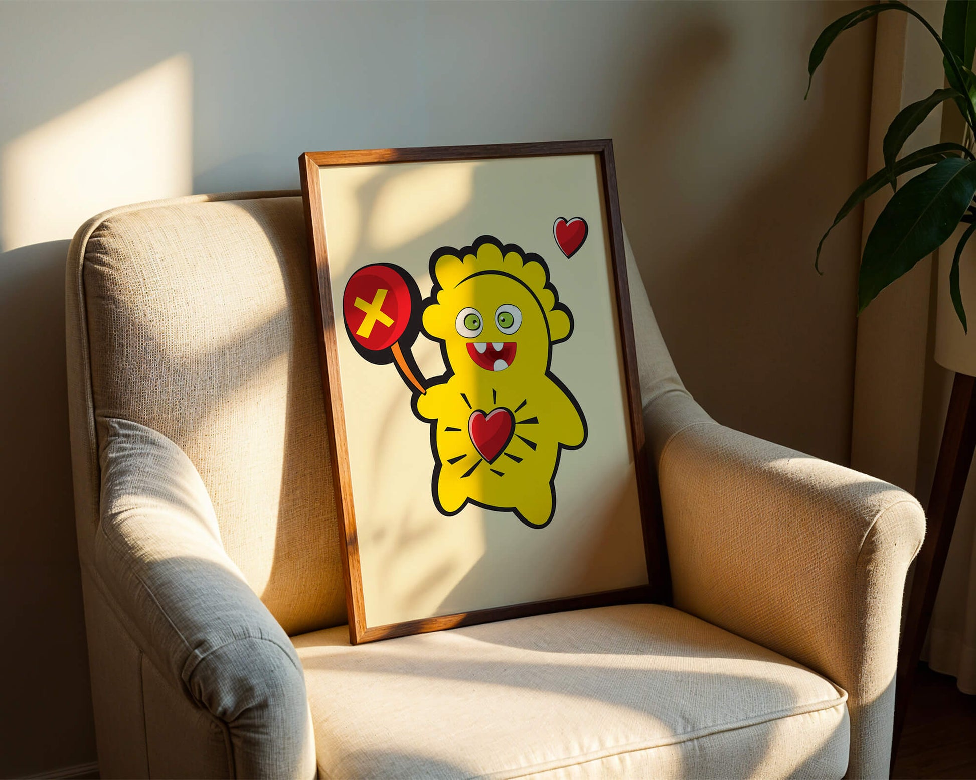 Colorful cartoon character with heart and playful design