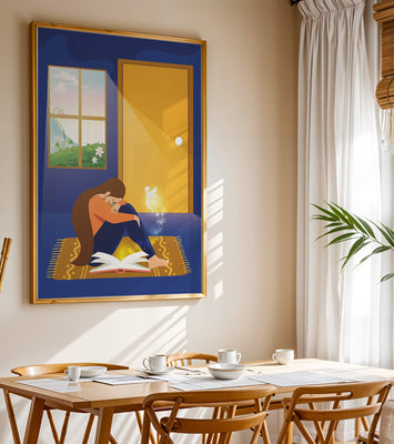 Woman sitting with an open magical book and a fairy in a room