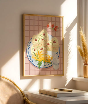 Illustration of layered cake on patterned plate with flowers and a cup