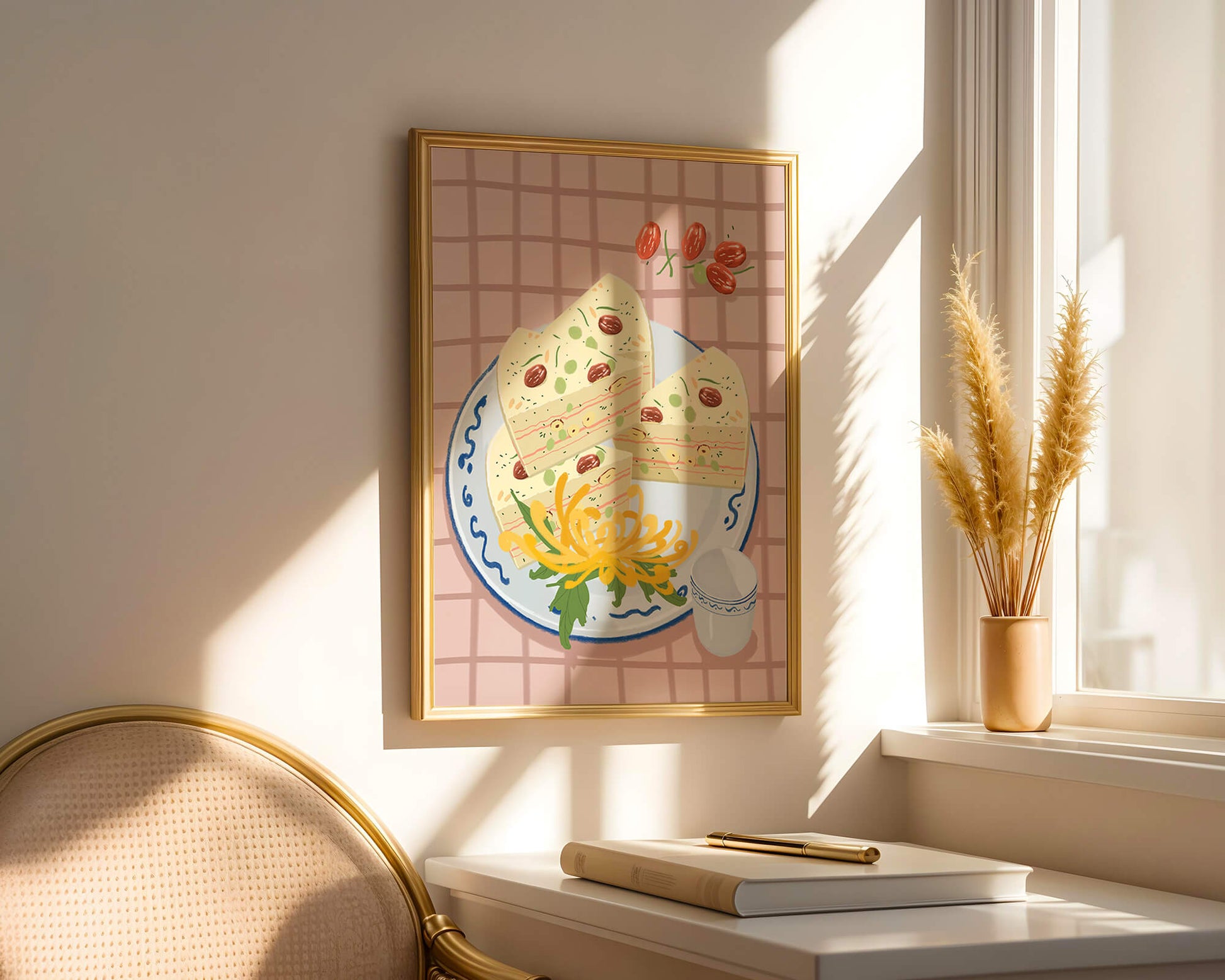 Illustration of layered cake on patterned plate with flowers and a cup