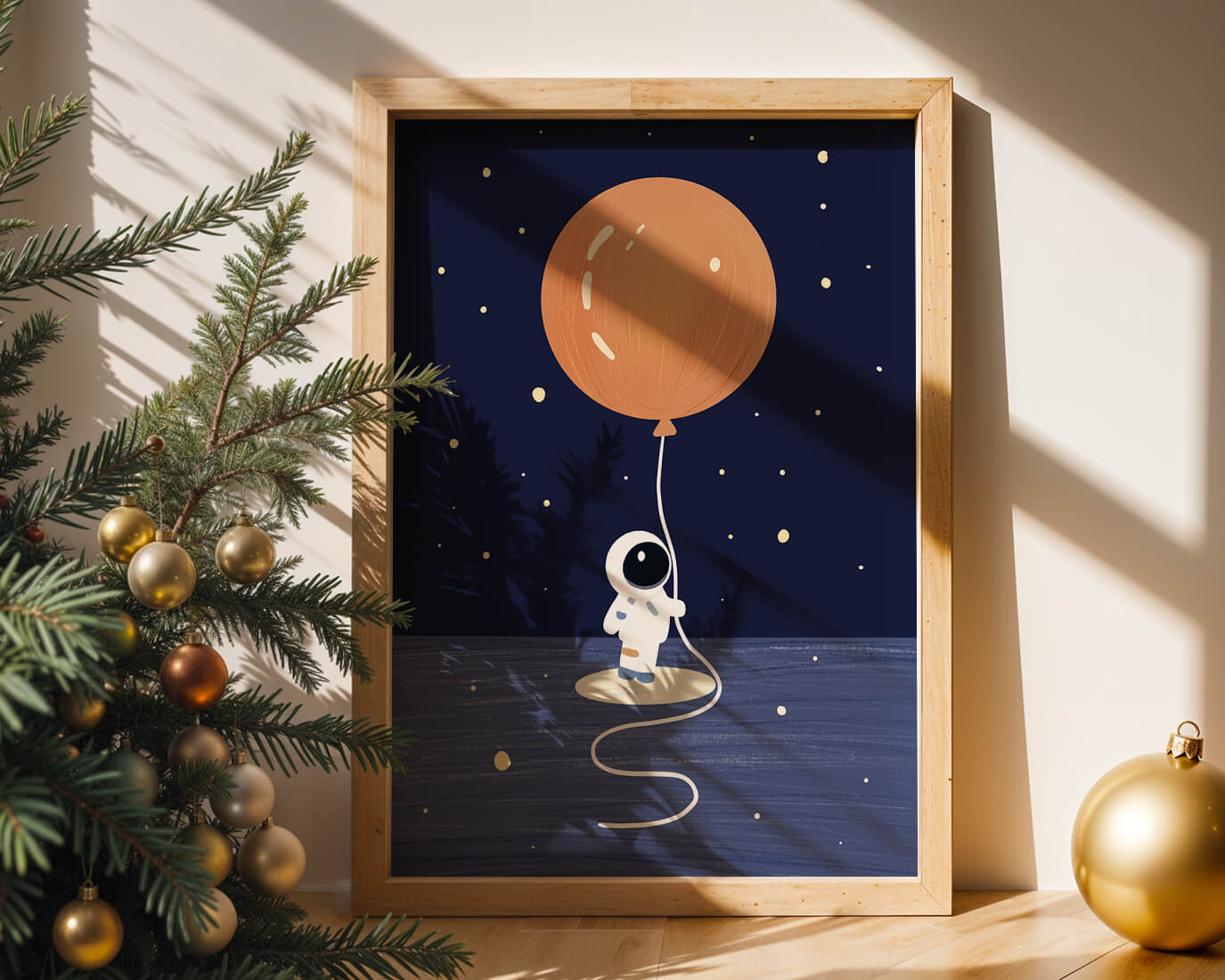 Charming Astronaut Holding Large Orange Balloon Under Starry Sky