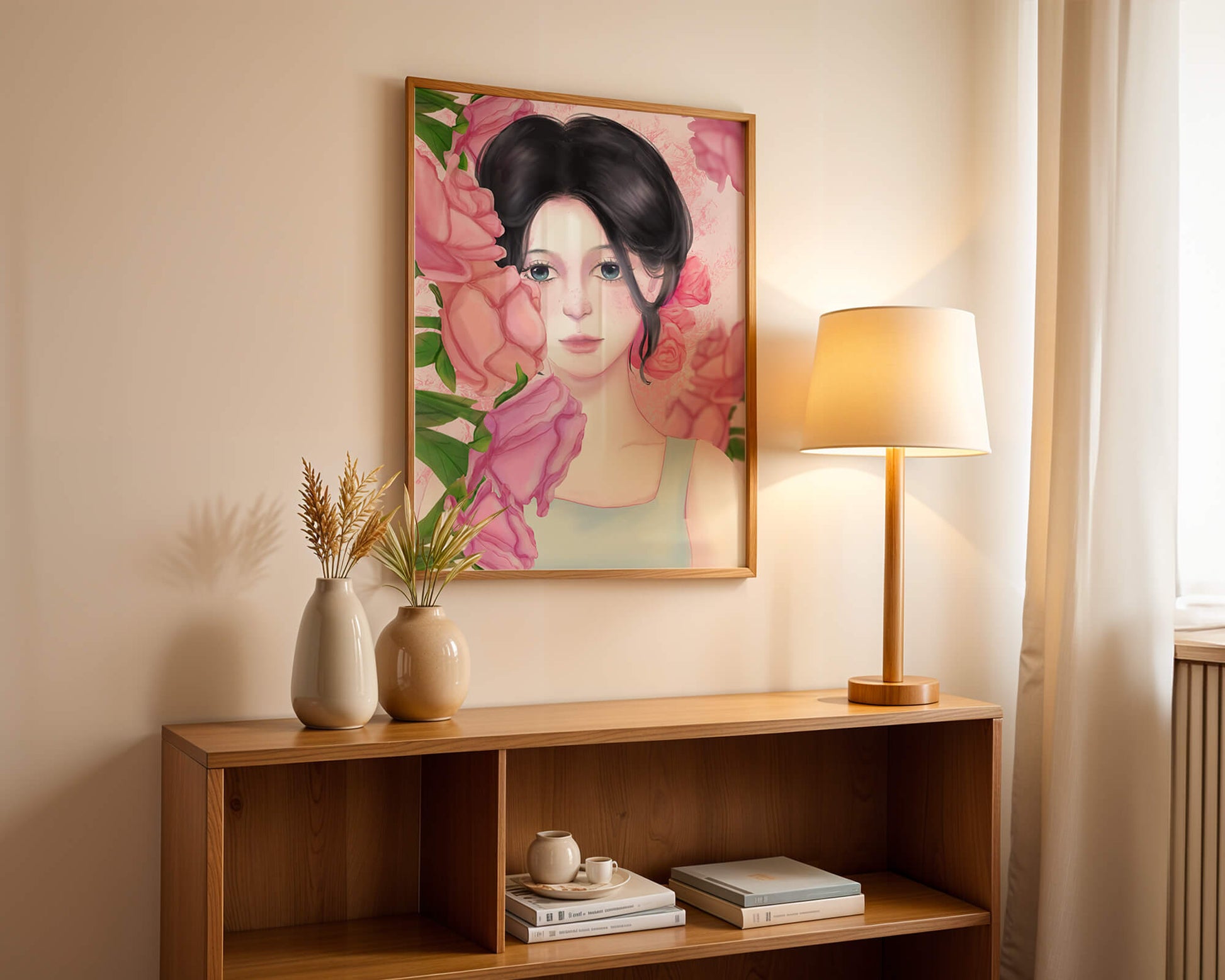 Illustration of a woman surrounded by pink roses