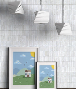 Illustration of a small house on a sunny hillside with clouds in a blue sky